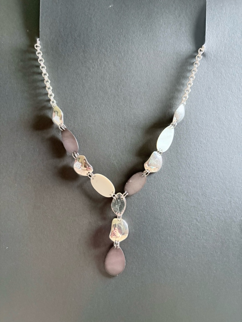 Silver Y Tiered Drop Necklace with Gray and Cream Accents-  20" adjustable chain